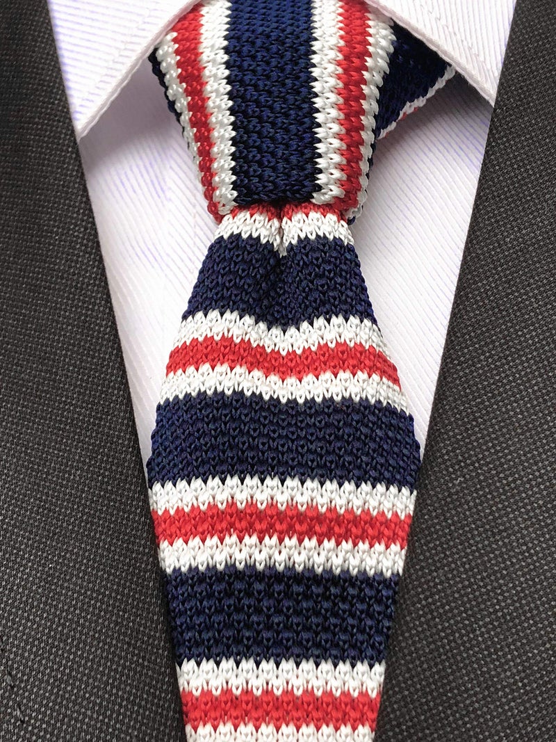 Secdtie Mens Slim Knit Tie Maltese Stripe Modern Thin Woven Groomsmen Wedding Necktie Navy White Blue independence Day - Image 2
